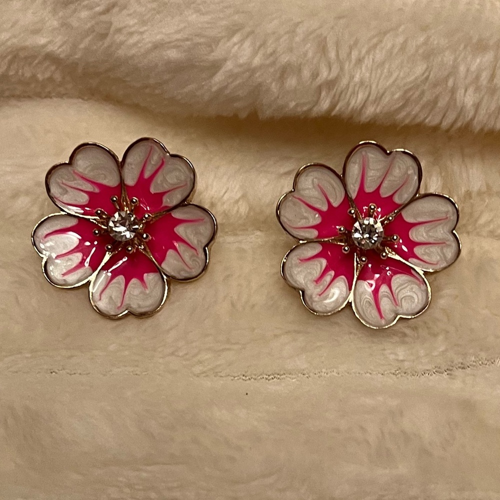 Pink and White Floral Enamel Stud Earrings with Crystal Center